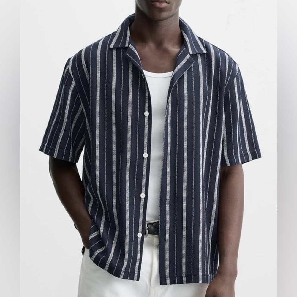 Zara Men’s Textured Striped Short Sleeve Knit  Shirt Navy Blue/Tan/White Size M